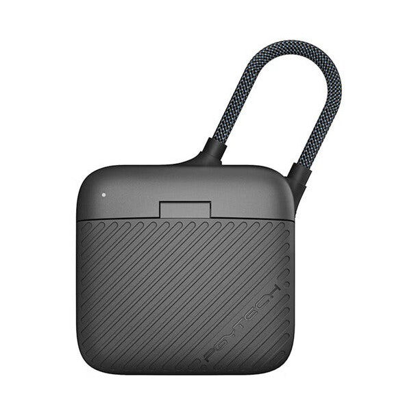 Black compact card reader case with diagonal line texture pattern, shown from front angle with attached braided carry strap.