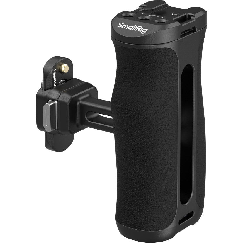 Black SmallRig side handle with quick-release mount shown at an angle against white background, displaying grip and attachment mechanism.