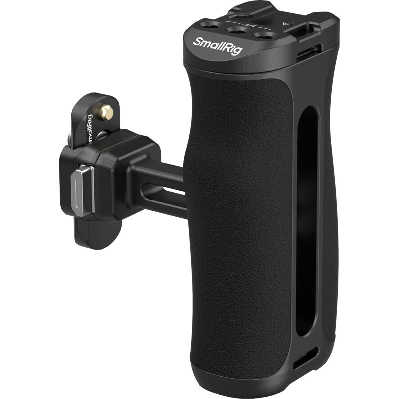 Black SmallRig side handle with grip and quick-release mount mechanism shown from front angle view against white background.