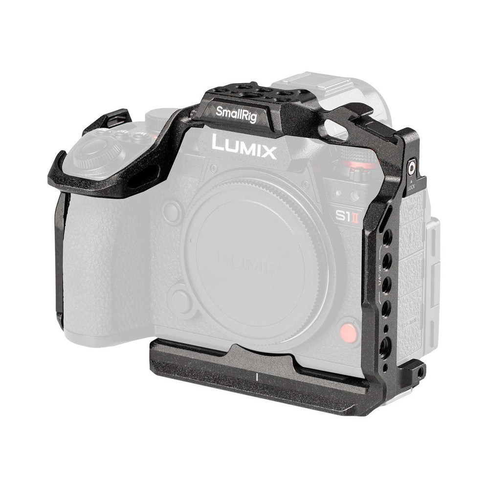 Black camera cage mounted on a Lumix S1II camera shown from a three-quarter front view, displaying the top handle and side rod attachment points.