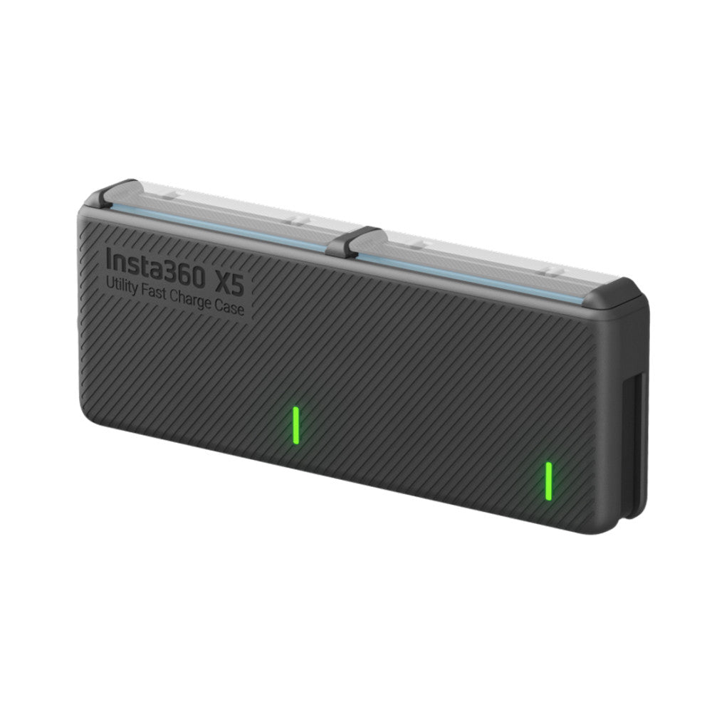 Angled front view of Insta360 X5 charging case with textured black surface and two green LED indicators lit up.