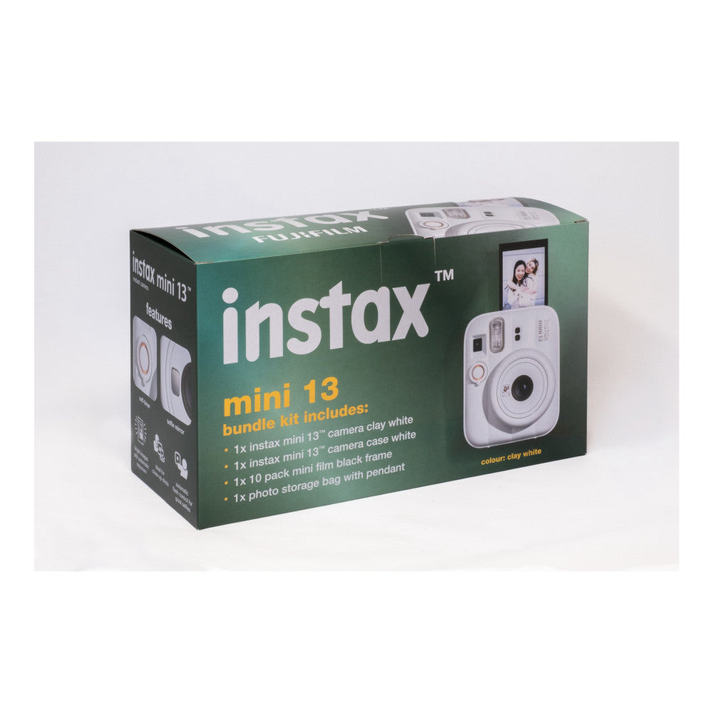 Fujifilm Instax Mini 13 bundle kit box displayed at an angle, showing the white camera, included accessories, and product details on green packaging.