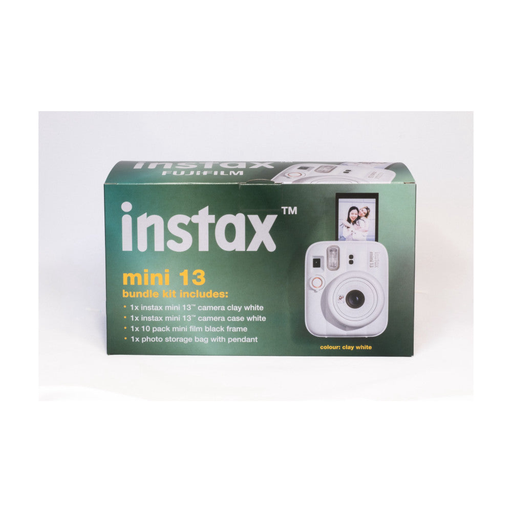 Fujifilm Instax Mini 13 bundle box displayed front-facing, showing camera, included accessories, and product details on green packaging.
