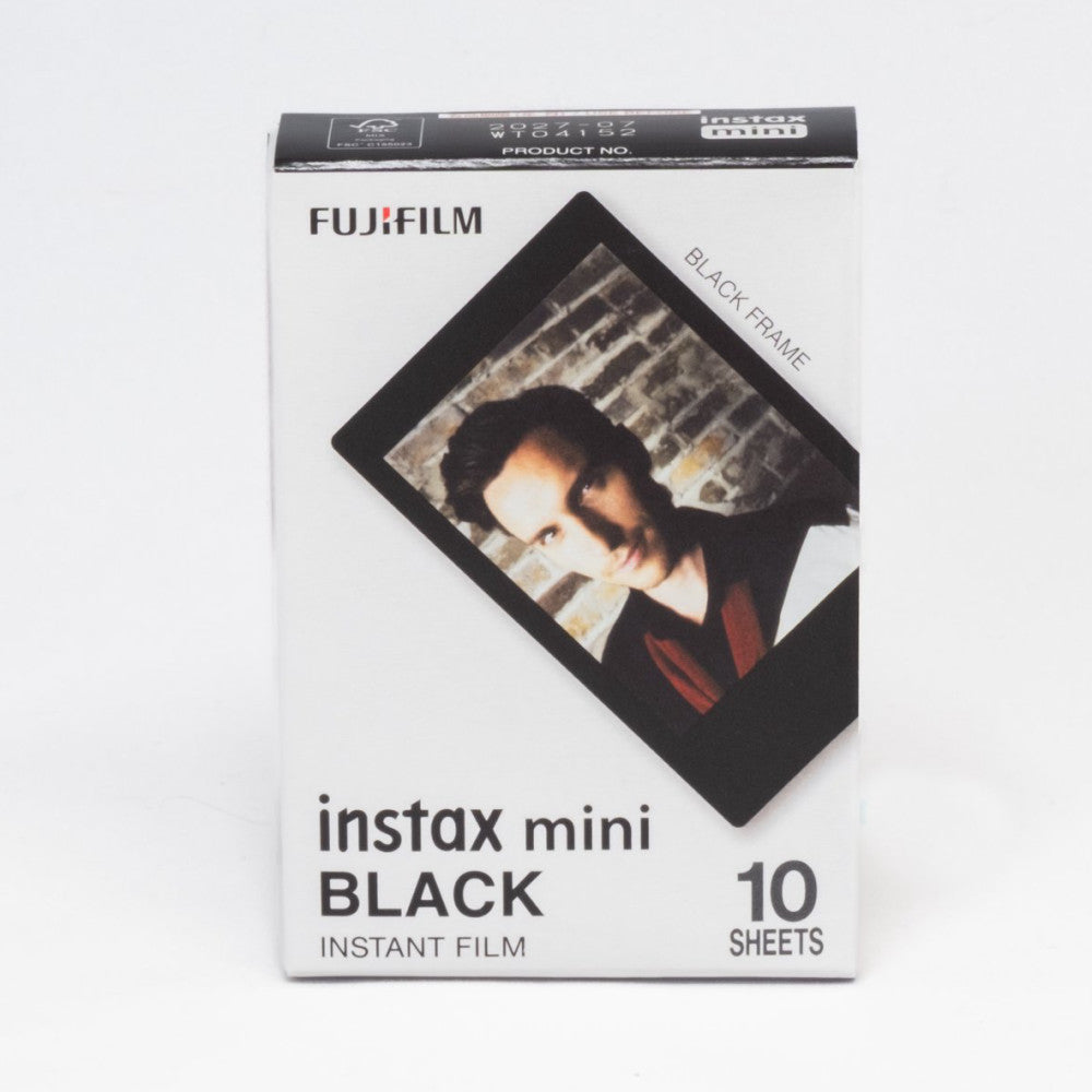 Fujifilm Instax Mini Black instant film box displaying 10 sheets with black frame sample photo on white background.