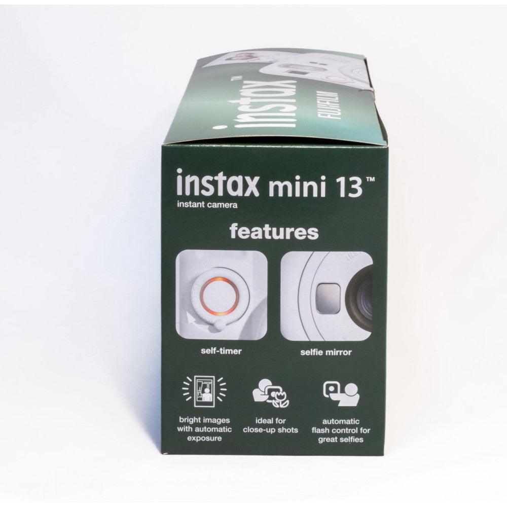 Front of Instax Mini 13 packaging box showing product features including self-timer, selfie mirror, and automatic flash control highlights.