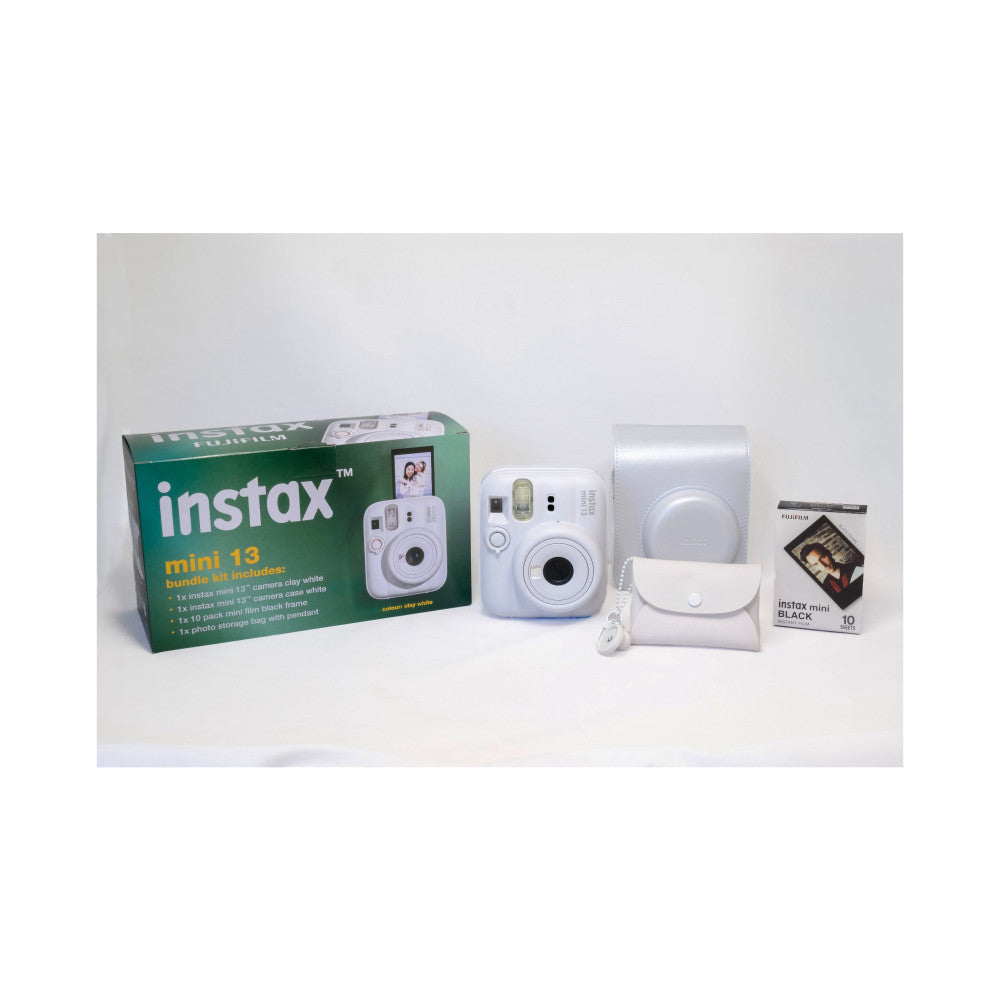 Fujifilm Instax Mini 13 bundle contents displayed on white background including camera, case, film pack, and original packaging.