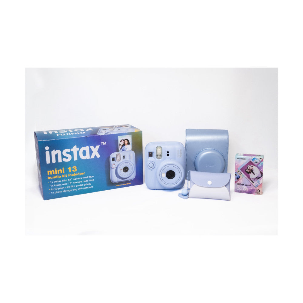 Fujifilm Instax Mini 13 bundle contents displayed on white background: boxed camera, frost blue camera, carrying case, storage pouch, and film pack.