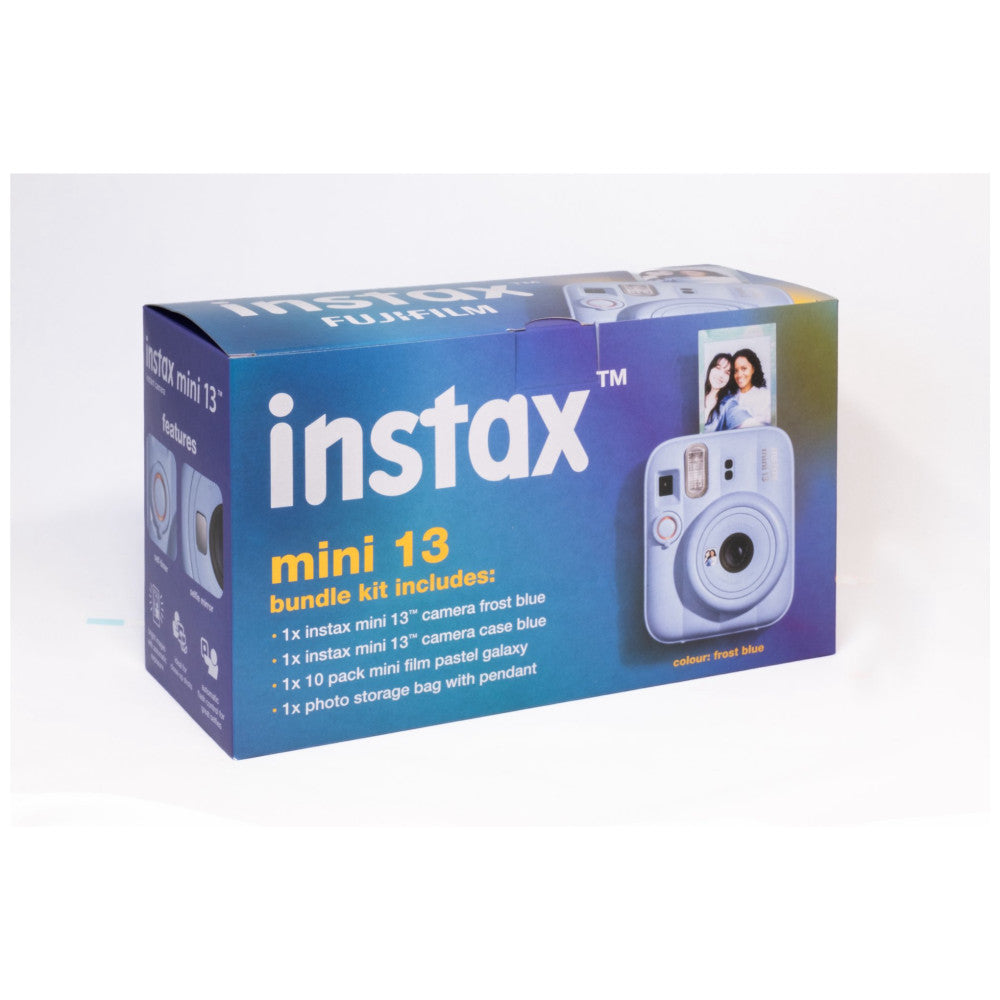 Fujifilm Instax Mini 13 bundle box displayed at angle showing frost blue camera, included accessories, and product contents listed on packaging.
