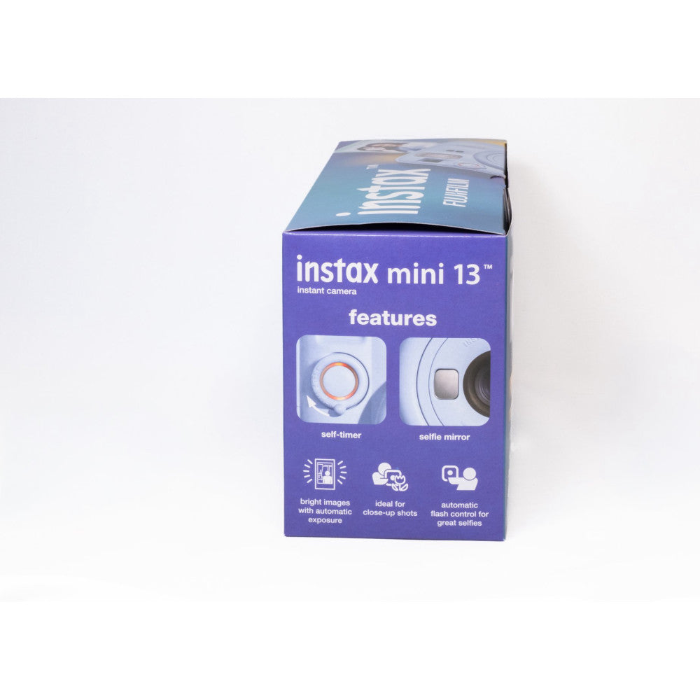 Fujifilm Instax Mini 13 camera box shown from front angle, displaying purple packaging with product features and specifications listed below.