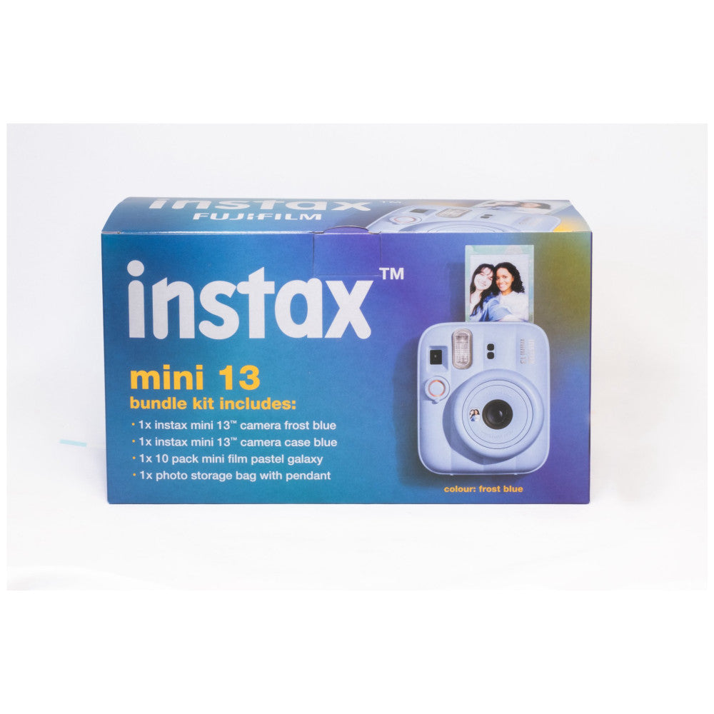 Fujifilm Instax Mini 13 bundle box displaying frost blue camera, included case, film pack, and storage bag against white background.