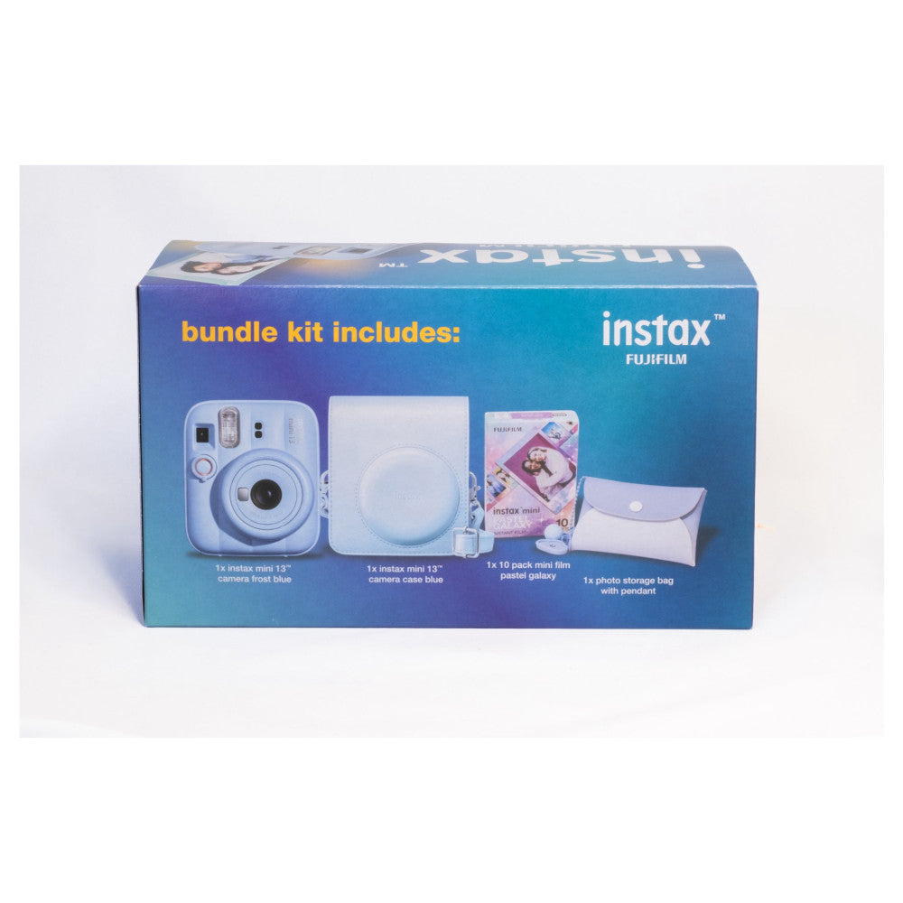 Fujifilm Instax Mini 13 bundle kit box showing contents: frost blue camera, blue case, film pack, and white storage bag with pendant.