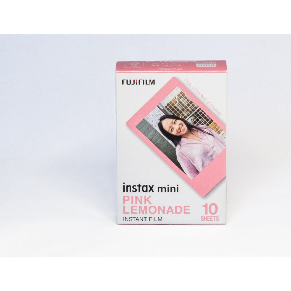 Fujifilm Instax Mini Pink Lemonade instant film box showing 10 sheets, displayed against a light gray background.