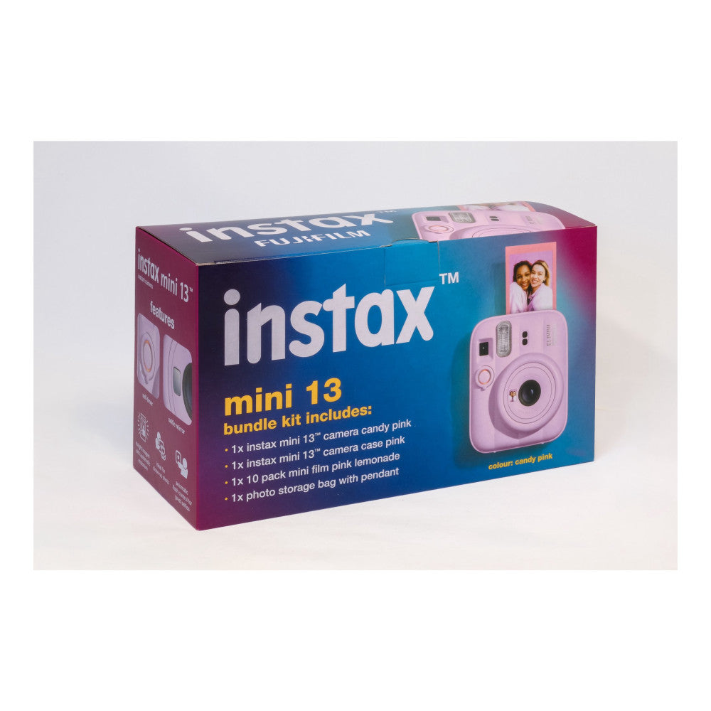 Fujifilm Instax Mini 13 bundle box displayed against white background, showing pink camera and contents list.