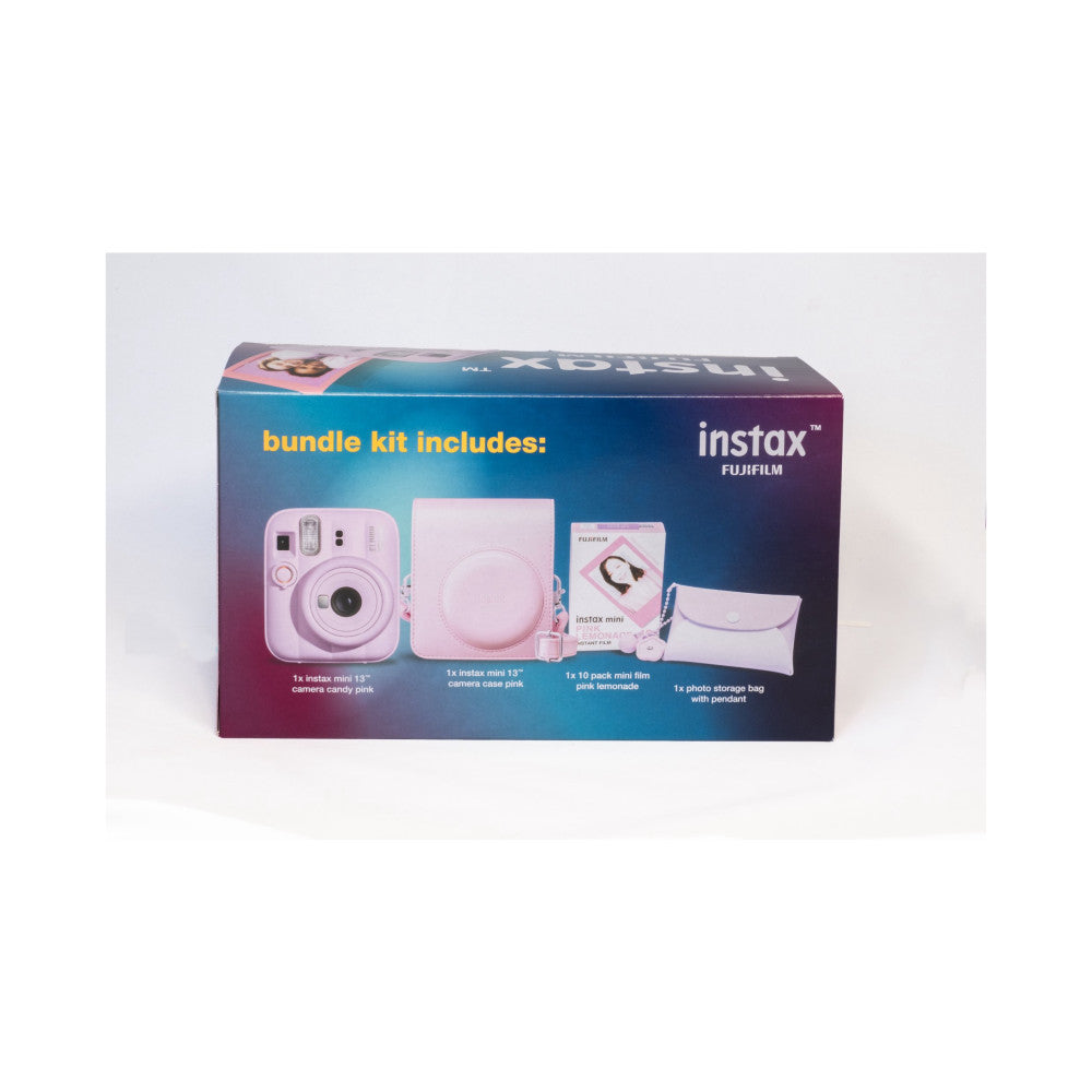 Fujifilm Instax Mini 13 bundle box showing included pink camera, case, film pack, and storage bag against white background.