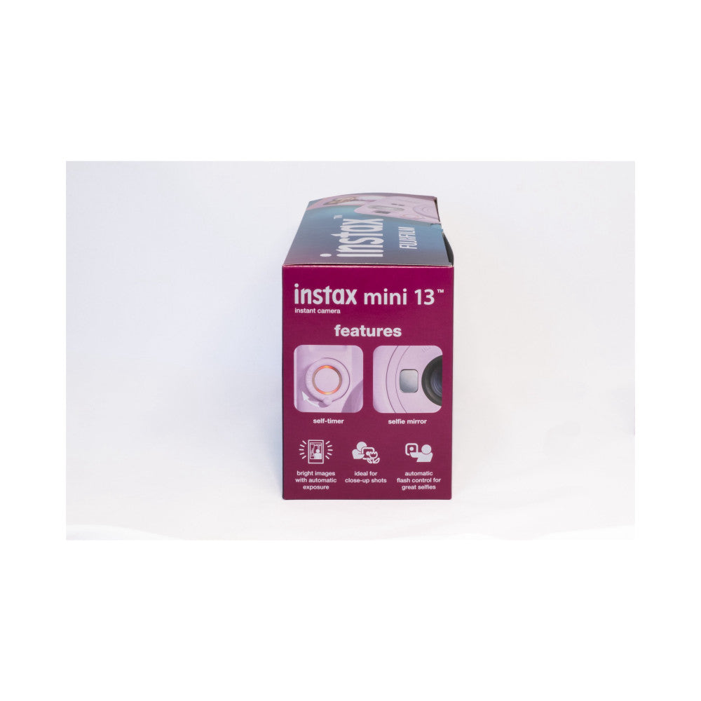 Fujifilm Instax Mini 13 packaging box showing product features including self-timer, selfie mirror, and automatic flash control on maroon background.