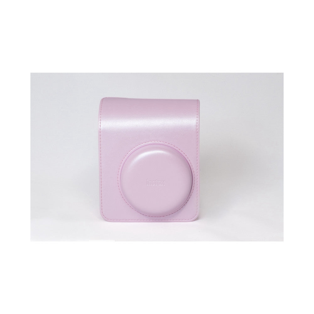 Pink leather camera case for Instax Mini 13 with circular lens window, displayed front view against white background.