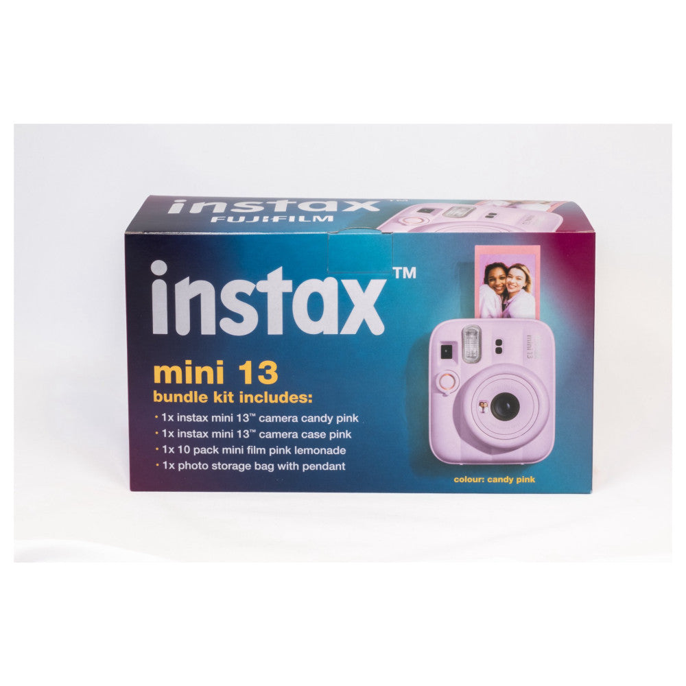 Fujifilm Instax Mini 13 bundle kit packaging showing pink camera, case, film, and storage bag contents listed on box.