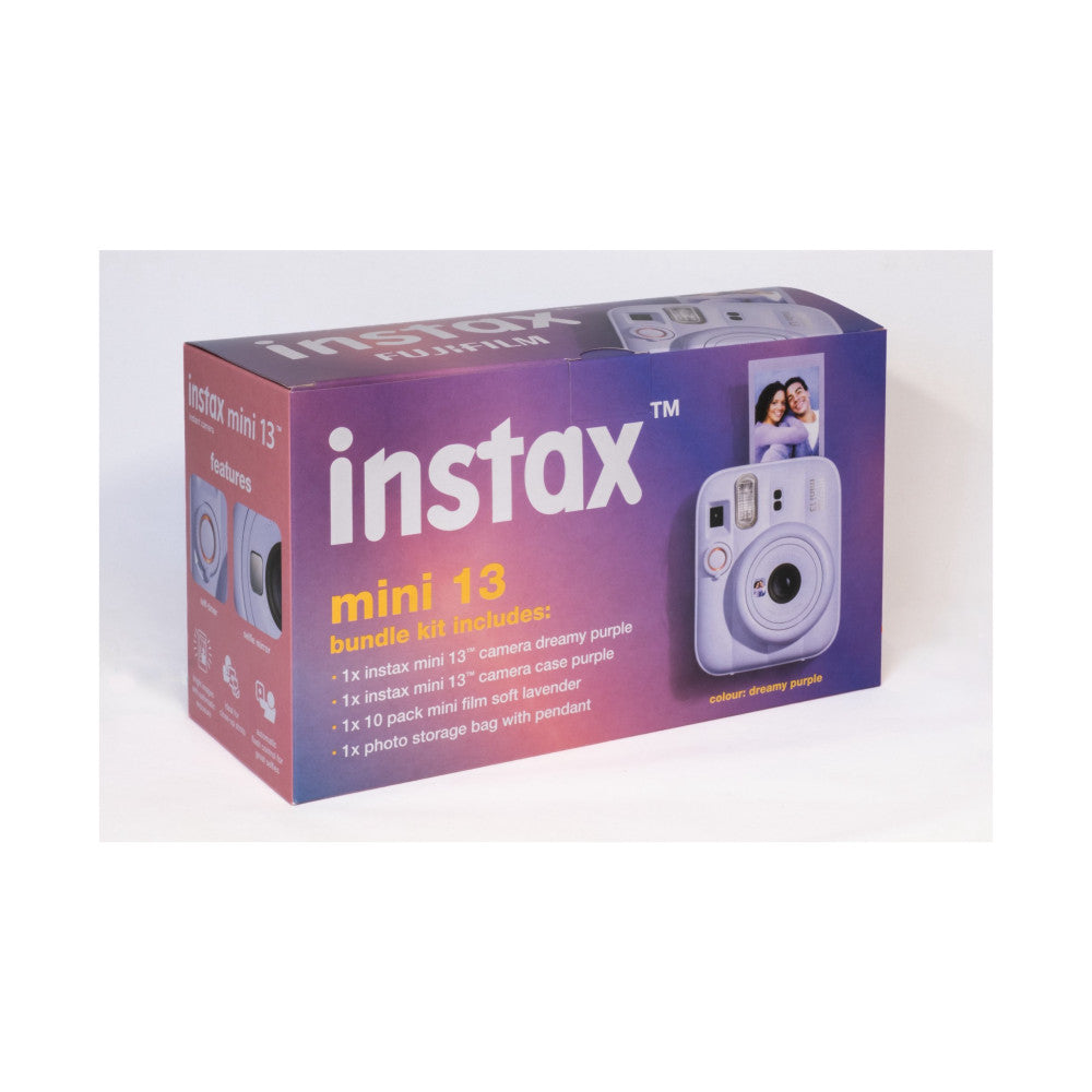 Instax Mini 13 bundle packaging box showing purple gradient design with camera image and included accessories listed on front.