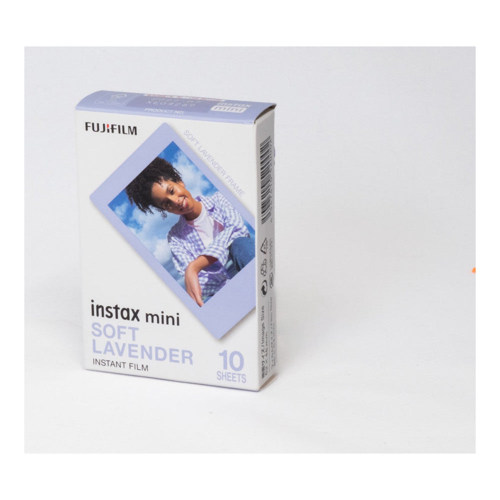 Fujifilm Instax Mini Soft Lavender instant film box showing 10 sheets, displayed against a white background at an angle.