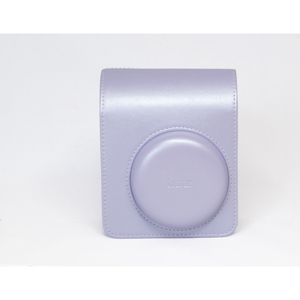 Lavender purple camera case for Instax Mini 13 with circular lens window and stitched details, front view against white background.