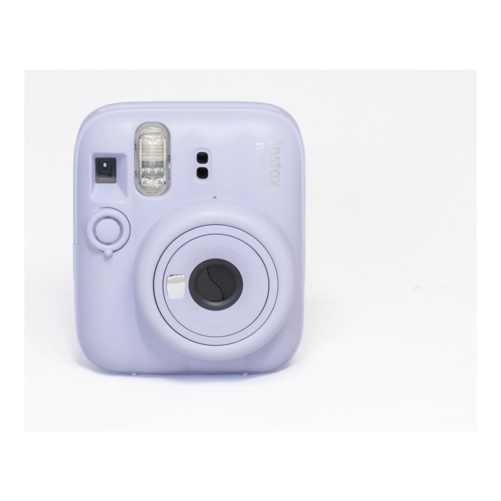 Front view of a lavender purple Fujifilm Instax Mini 13 instant camera showing the lens, flash, and shutter button against a white background.