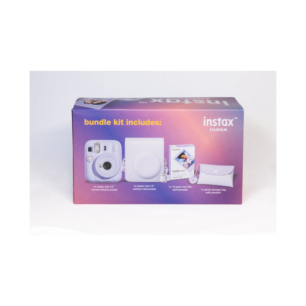 Fujifilm Instax Mini 13 bundle box showing included items: purple camera, white case, film pack, and storage bag against white background.