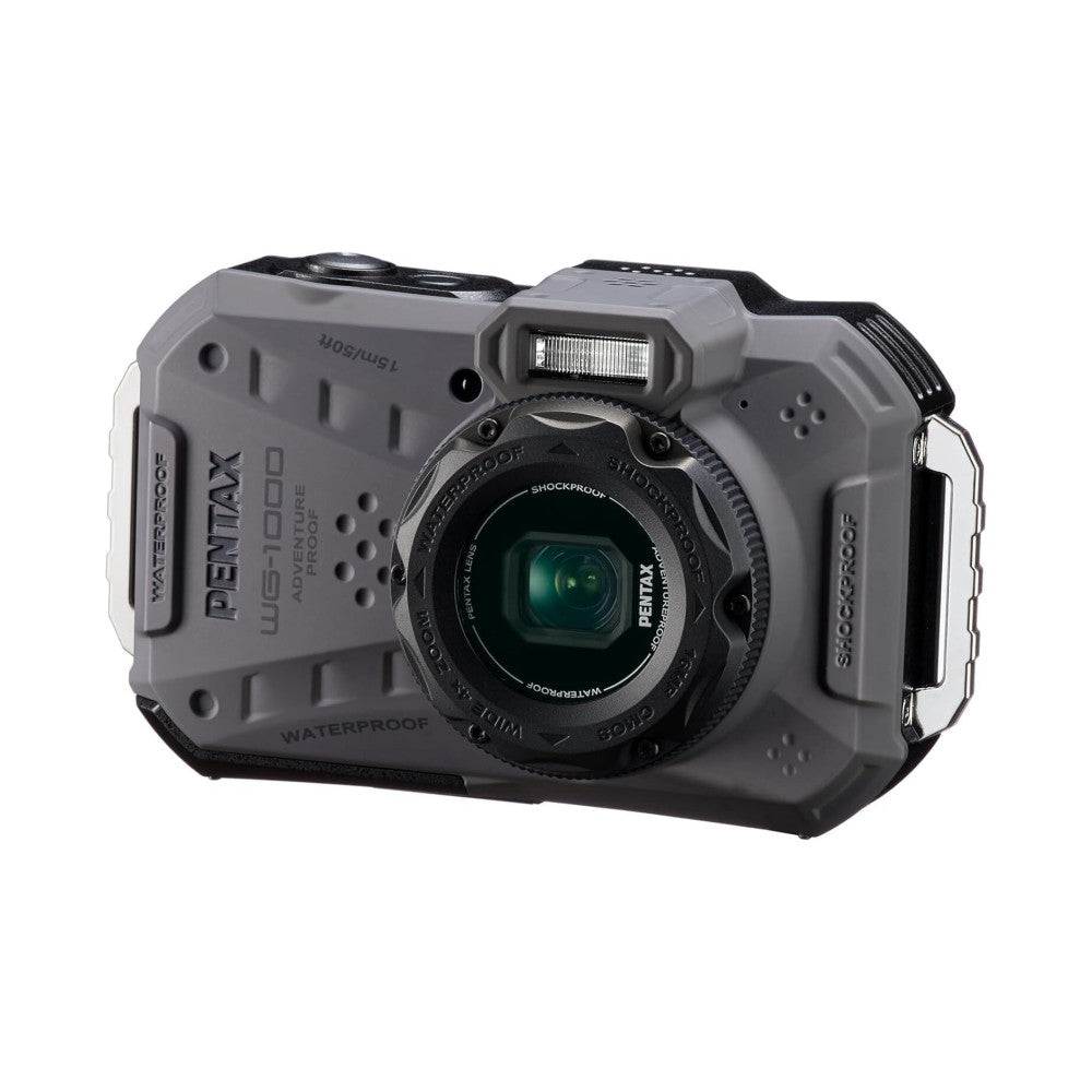 Gray Pentax WG-1000 rugged digital camera shown from front-left angle, displaying lens, flash, and waterproof body design against white background.