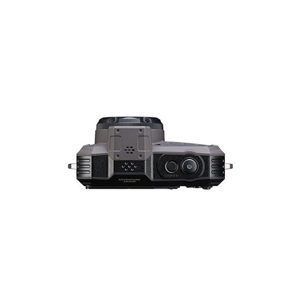 Top-down view of a grey and black Pentax WG-1000 rugged camera showing dual lenses and ventilation grilles on the front.