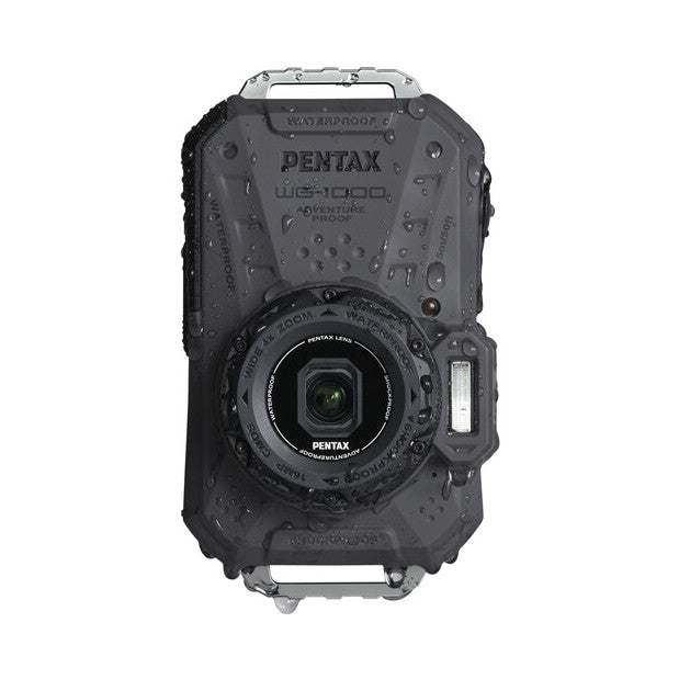Front view of a rugged gray Pentax WG-1000 camera with waterproof casing and lens visible, shown against a white background.