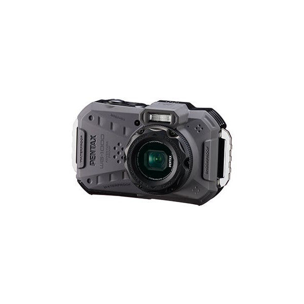 Front three-quarter view of a gray rugged compact camera with lens visible and control buttons on top and sides.