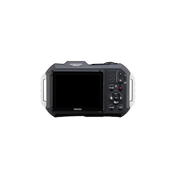 Rear view of Pentax WG-1000 rugged camera showing LCD screen and control buttons on black body with white handles.