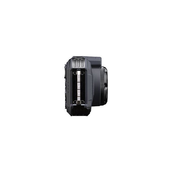 Side view of a black Pentax WG-1000 rugged camera showing its compact form factor and grip design against a white background.