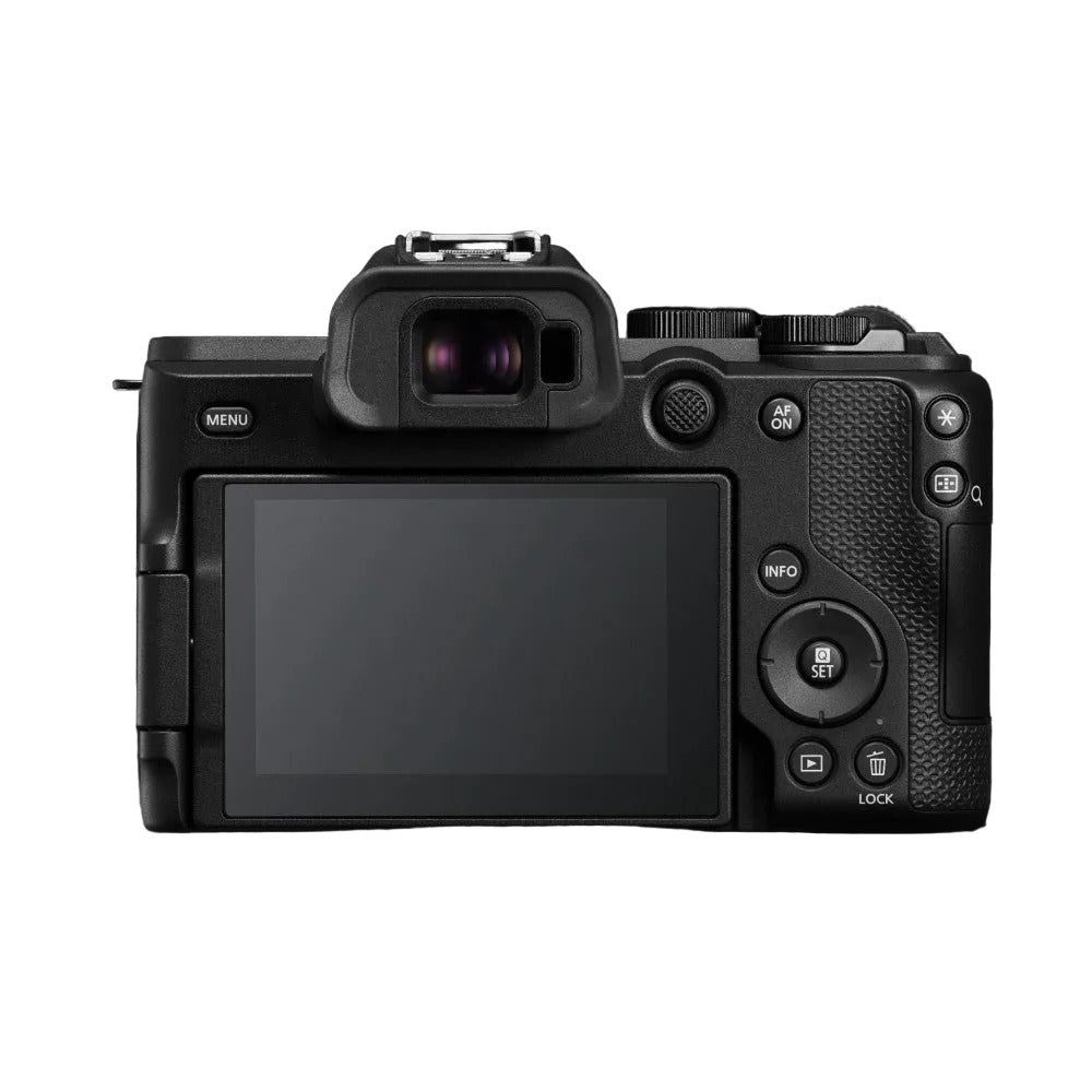 Rear view of Canon EOS R8 Mark II showing LCD screen, control buttons, and textured grip against black background.