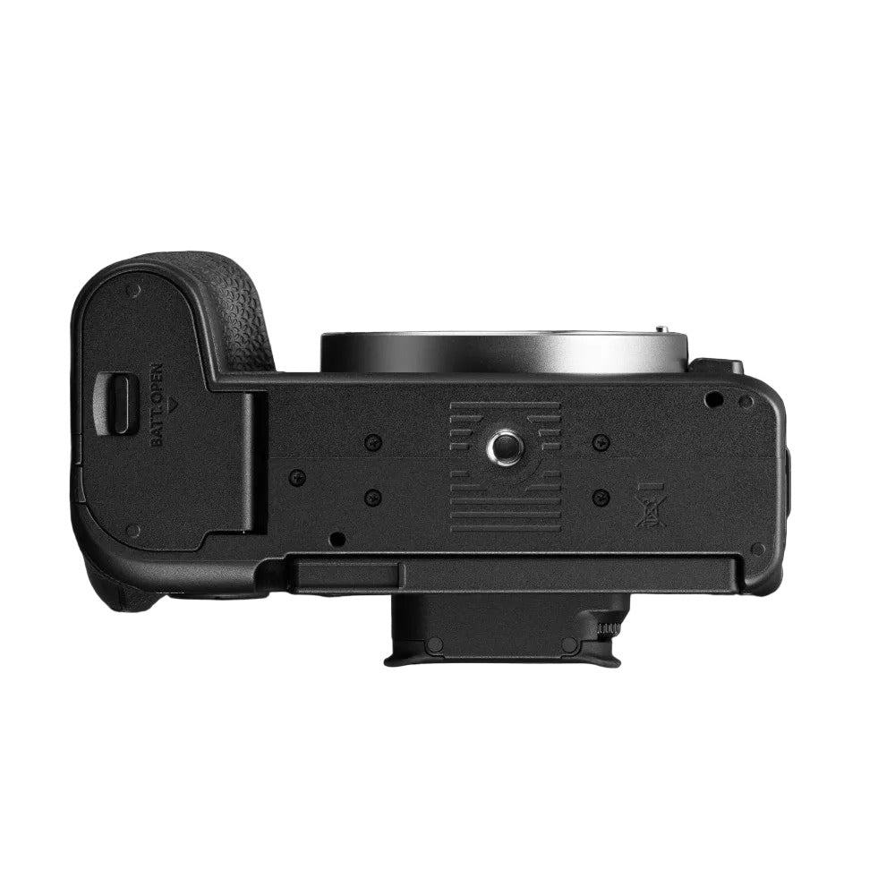 Bottom view of Canon EOS R8 Mark II mirrorless camera body showing battery compartment, tripod socket, and control layout against black background.