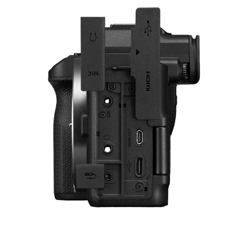 Canon EOS R8 Mark II camera body shown from rear three-quarter view against black background, displaying ports and controls.