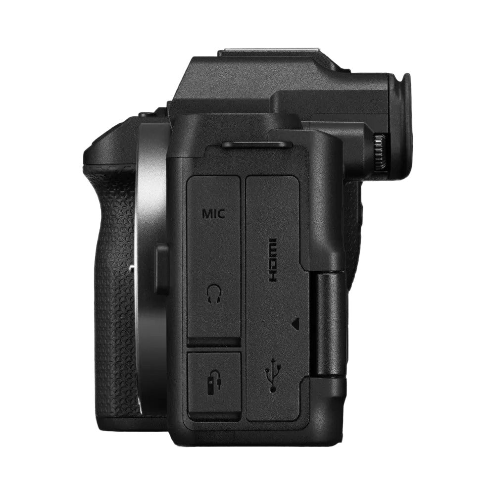 Side view of Canon EOS R8 Mark II camera body showing left panel with MIC input, headphone jack, and USB port against black background.