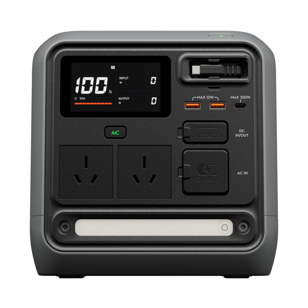 Front view of DJI Power 1000 Mini showing display screen at 100% charge, AC outlets, USB ports, and DC connectors.