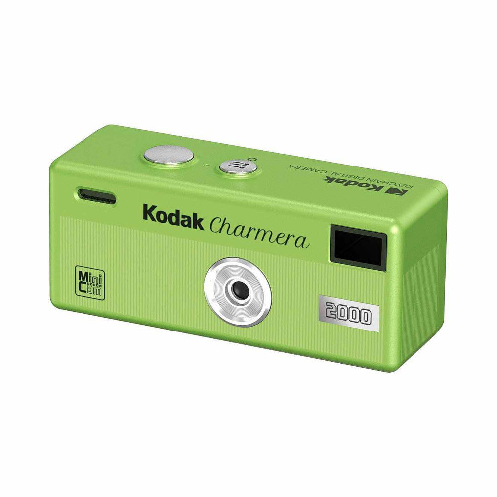 Bright green Kodak Charmera 2000 digital camera shown from angled front view against white background, displaying lens and control buttons.