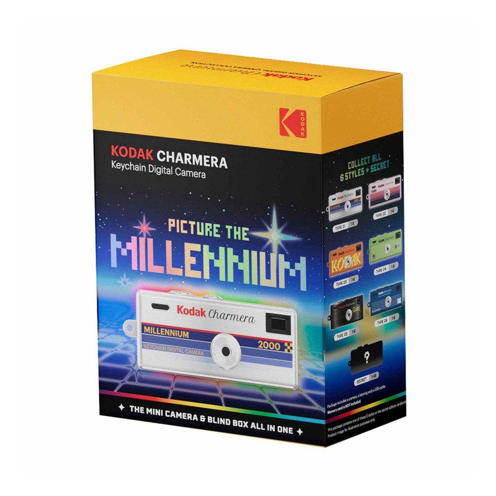 Kodak Charmera keychain camera product packaging box showing front display with sample camera unit and collectible blind box style options on side panel.