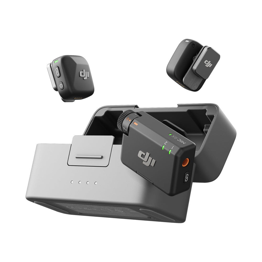 DJI Mic Mini 2 wireless microphone system showing two black transmitters, one mobile receiver, and white charging case against white background.