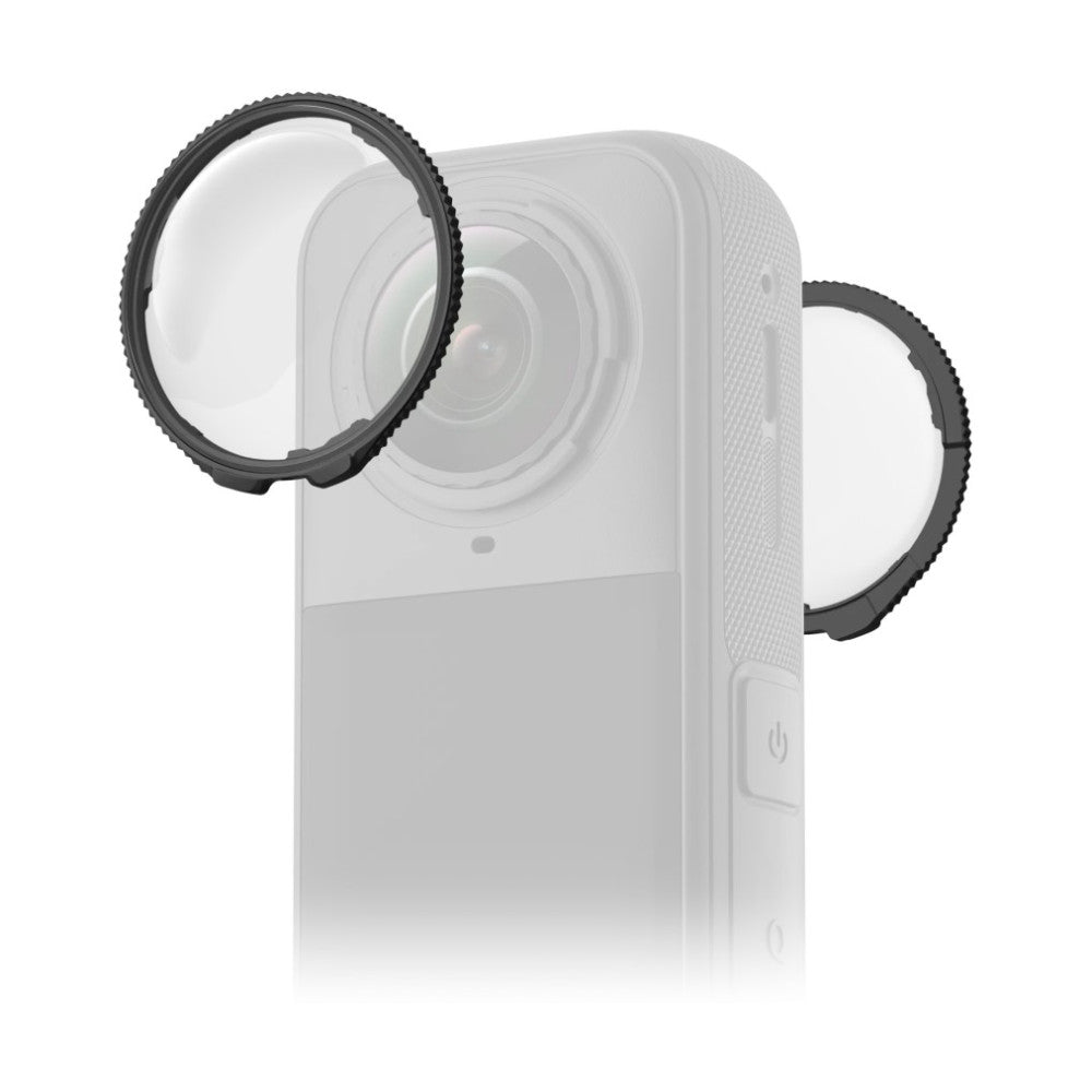 Two black circular lens guards displayed on an Insta360 X5 camera shown at an angle, demonstrating front and side lens protection.
