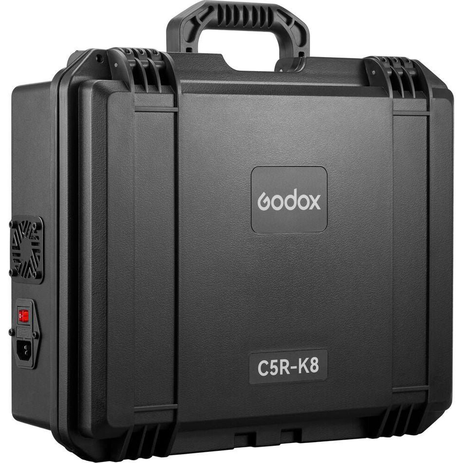 Black Godox C5R-K8 hard carrying case shown from front angle with handle, ventilation grilles, and power controls visible on the side.