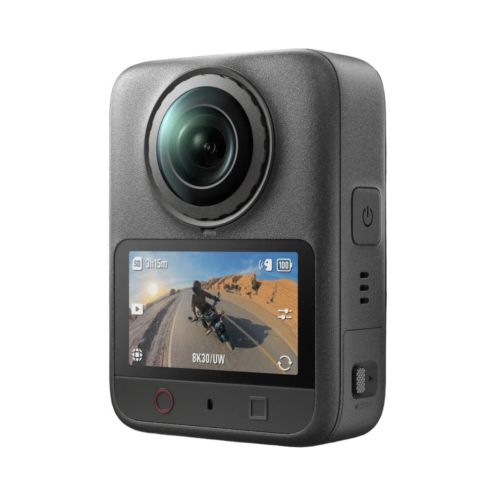 DJI Osmo camera shown from front angle displaying 8K video recording on rear touchscreen against black background