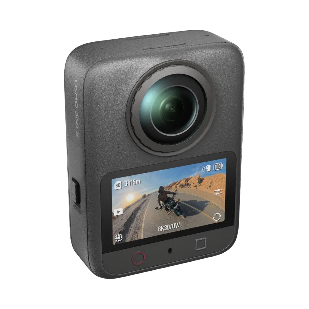 DJI Osmo compact camera displayed at three-quarter angle showing the lens, touchscreen display with live preview, and gray body against a black background.