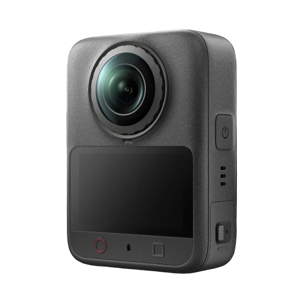 DJI Osmo 360 II camera shown at a three-quarter front angle against a black background, displaying its lens, screen, and control buttons.