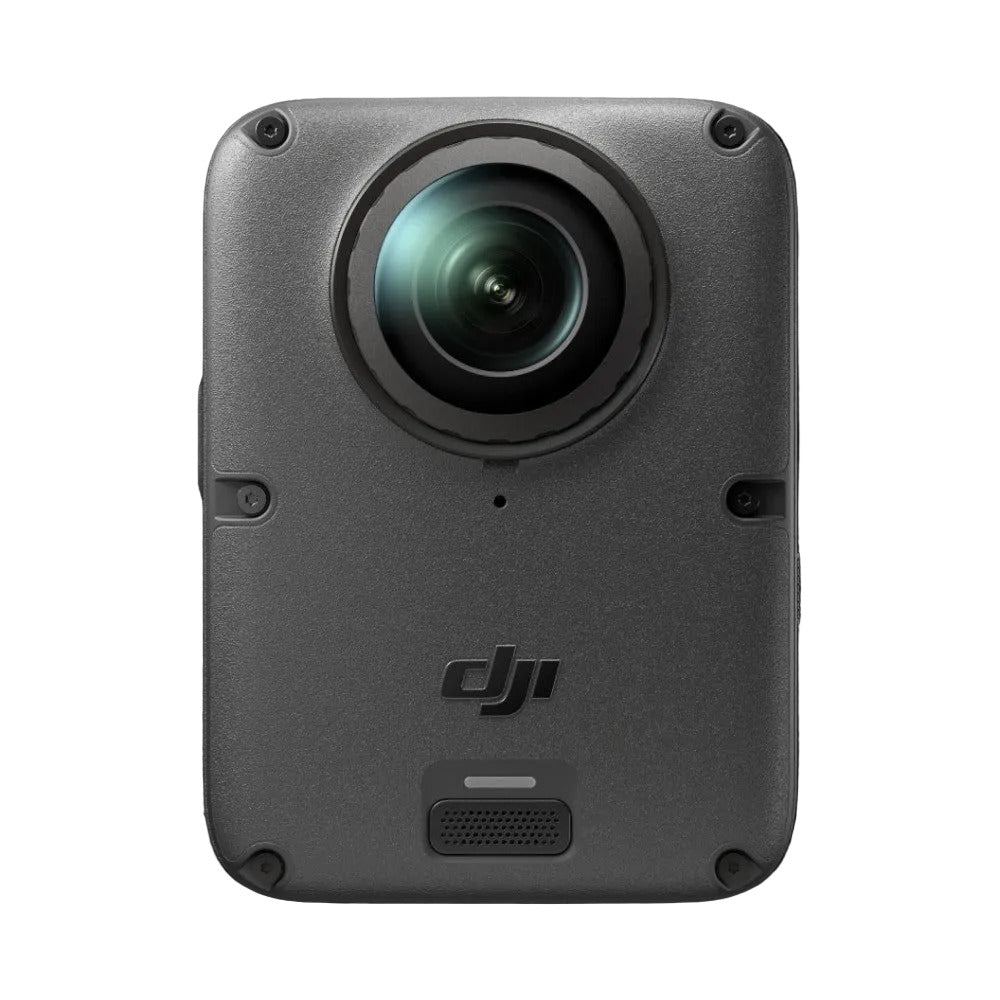DJI Osmo 360 II front view showing gray compact camera body with dual fisheye lens and DJI branding against black background