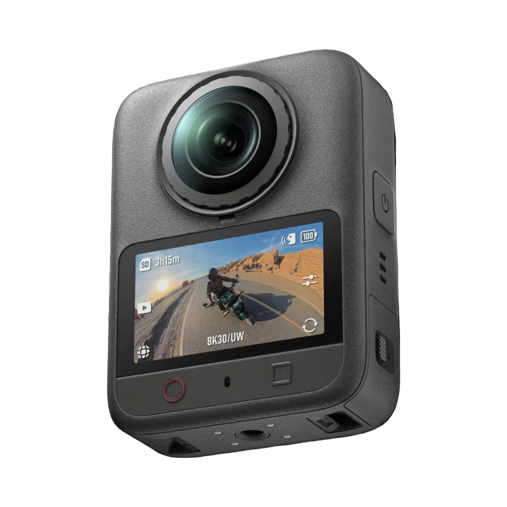 DJI Osmo Action 4 camera shown at three-quarter angle displaying the front lens, rear touchscreen, and compact body against a black background.