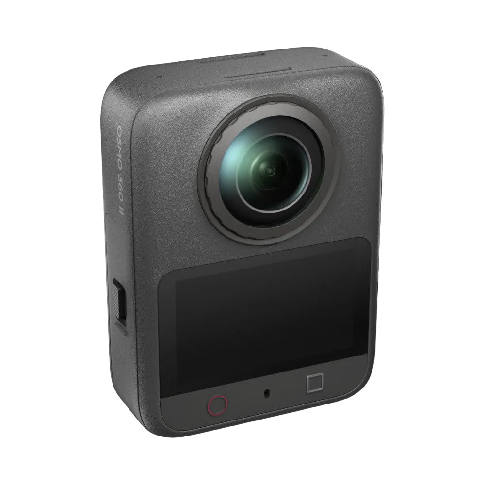 DJI Osmo 360 II compact action camera shown from front angle against black background, featuring dual lens and touchscreen display.