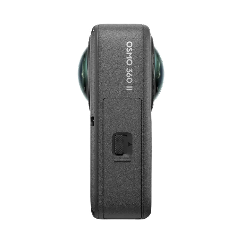 DJI Osmo 360 II camera shown from rear/back view against black background, displaying model name and control button.