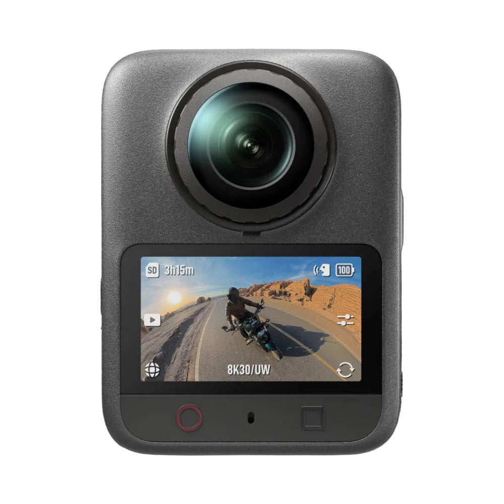 Front view of DJI Osmo 360 II camera with dual lenses on top, touchscreen display showing motorcycle riding footage, and control buttons below.